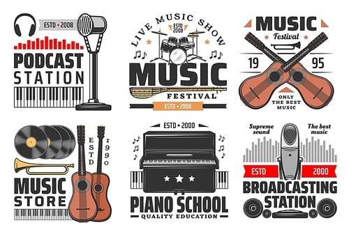 Music isolated vector icons with musical instruments, microphones, headphones and loudspeakers. Piano, guitar, drum and trumpet, vinyl record, musical note and sound equalizer, music symbols design