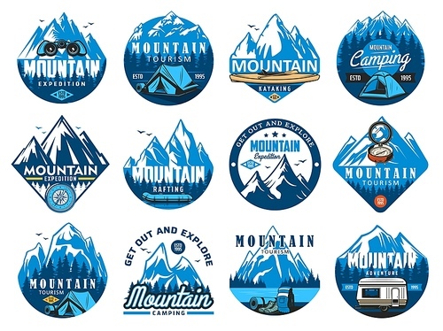 Mountain climbing icons, rafting expedition and camping vector symbols. Tourist tent, kayak or canoe, rafting inflatable boat and compass, mountain snowy peaks, backpack and car camper trailer