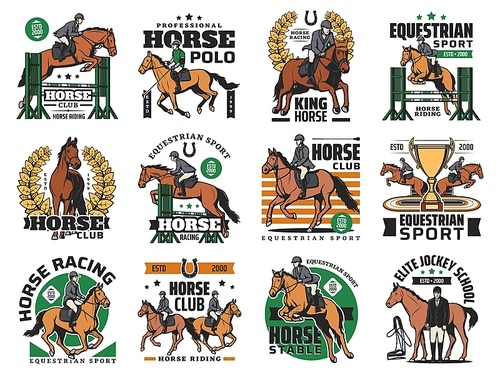 Equestrian sports, horse racing icons. Jokey riding stallion horse, jumping over obstacle, winner cup and horseshoe. Equestrian event, show jumping and jockey school, horse polo sport club emblems