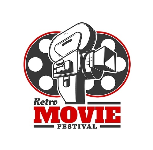 Retro movie festival icon. Vector old camera with cinema film reels. Cinematography industry event, film festival award ceremony and cinema author movie screenings icon or emblem