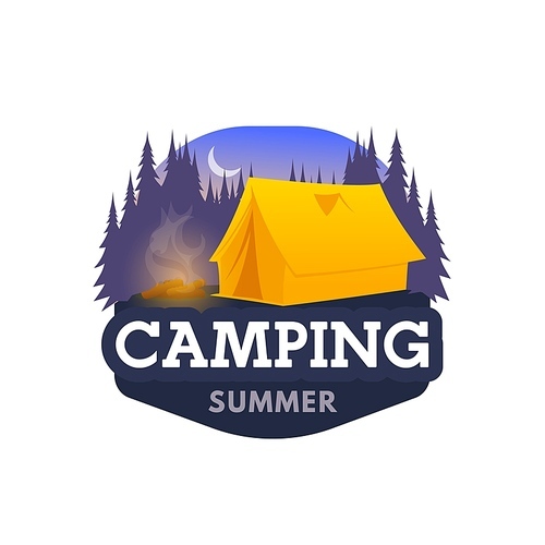 Night camping icon, tent and tourist camp club vector emblem. Summer camping, trekking and hiking travel or eco tourism equipment, campsite hut and fire, outdoor mountaineering and scout adventure