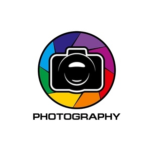 Photography icon, lens color diaphragm. Camera or photo editing application, printing service or studio vector round emblem. DSLR or mirrorless photo camera with lens aperture blades and typography