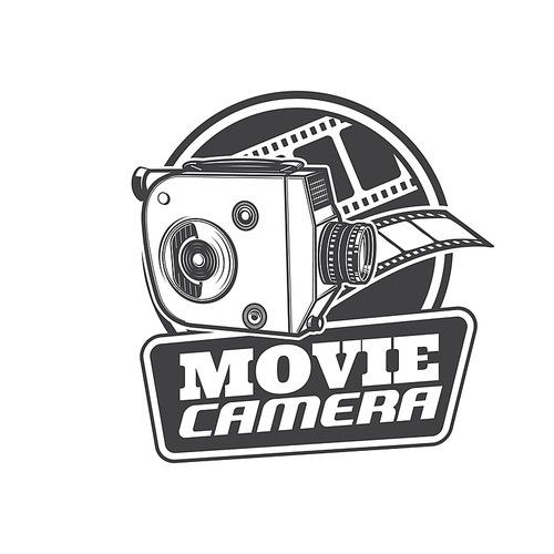 Movie camera icon, retro cinema and vintage video film, vector sign. Old classic reel movie camera, cinematography and motion picture equipment, television video camcorder and movie theater symbol