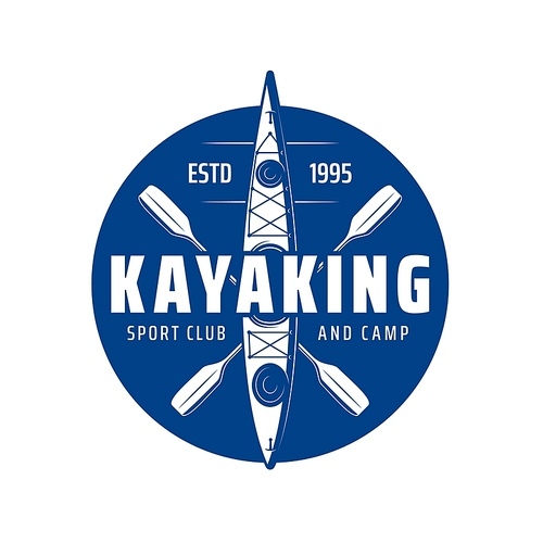 Kayaking sport club icon with kayak boat or canoe paddle rowing, vector. Kayak club and camp, river or lake and sea rafting sport activity and extreme adventure, blue emblem