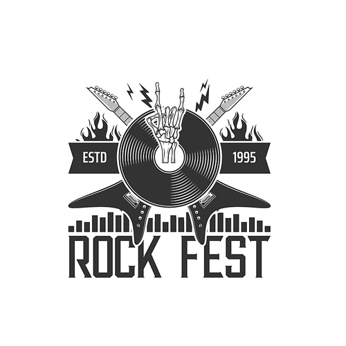 Rock music fest icon with vector rocker guitars, vinyl record, skeleton rock and roll horns, lightning bolts and fire flames. Hard rock music festival, live concert show and metal party emblem design