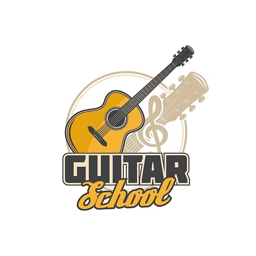 Guitar school icon, music academy and musician education vector symbol. Acoustic guitar play and music instruments school sign with guitar and clef note