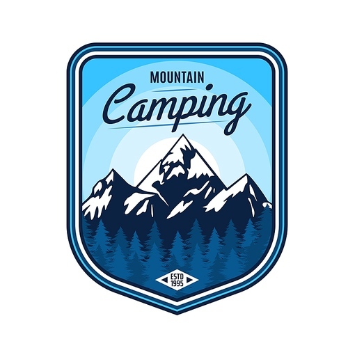 Mountain camping icon of vector outdoor adventure, travel, tourism and expedition design. Mountain and forest landscape with snow peaks and ice range, pine trees and sun isolated badge of patch design