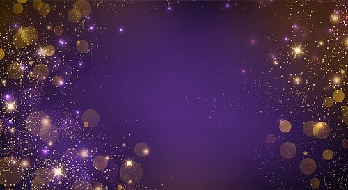 Holiday Abstract shiny color gold bokeh design element and glitter effect on dark purple background. For website, greeting, discount voucher, greeting and poster design