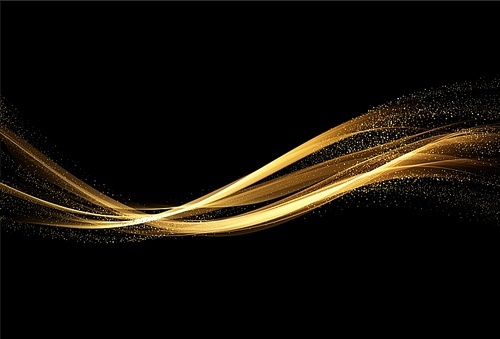 Holiday Abstract shiny color gold wave design element and glitter effect on dark background. For website, greeting, discount voucher, greeting and poster design
