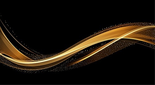 Holiday Abstract shiny color gold wave design element and glitter effect on dark background. For website, greeting, discount voucher, greeting and poster design