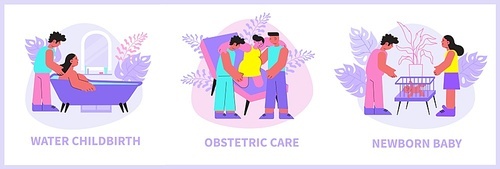 Childbirth compositions set with flat images of obstetric care water birth and baby inside play-pen vector illustration
