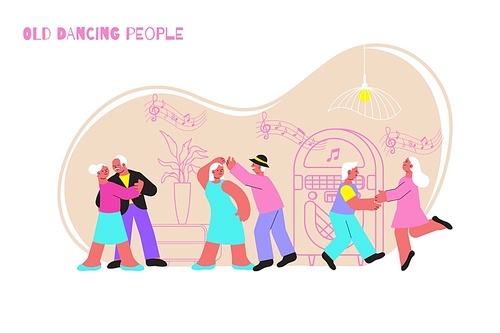 Dance class for old people flat composition with human characters of senior persons dancing in pairs vector illustration