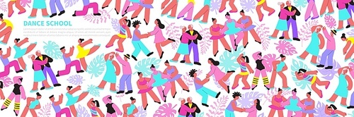 Dance school seamless pattern with dancing people of different ages and genders flat vector illustration