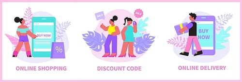 Online shopping set of online shopping discount code online delivery flat compositions vector illustration