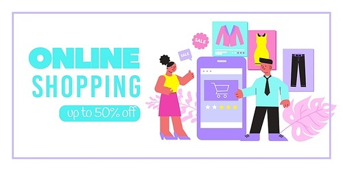 Online shopping banner with 50 percent discount advertising smartphone and sale icons flat vector illustration