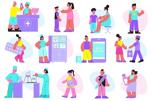 Pharmaceutical characters flat set of medical staff working in lab drugstore vaccinate children isolated vector illustration