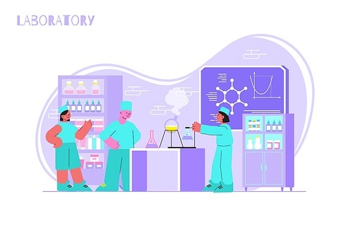 Pharmaceuticals laboratory flat composition with scientist characters working in lab with chemistry equipment vector illustration