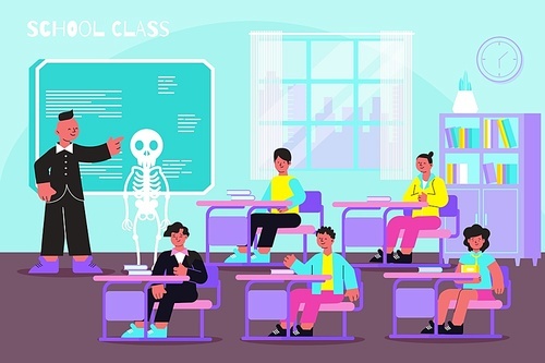 School anatomy lesson flat composition with teacher at electronic boord explains skeleton muscular bone system vector illustration
