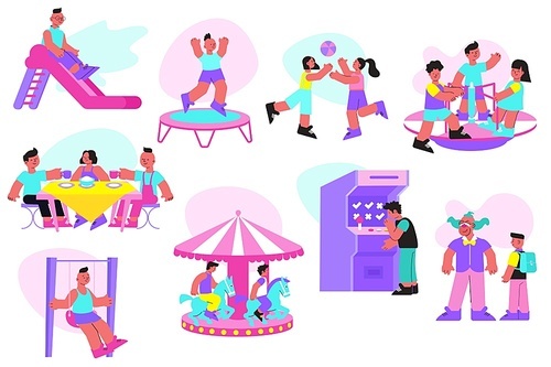 Family entertainment center flat set with children cafe trampoline slide swing riding carousel slot machines vector illustration