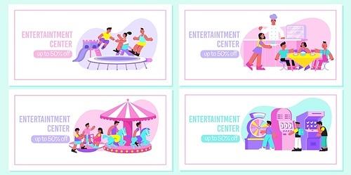 Entertainment center 4 flat info banners with trampoline snack bar amusement rides slot machines luck vector illustration