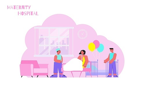 Maternity hospital flat composition with indoor scenery of mother in ward with festive balloons and obstetrician vector illustration