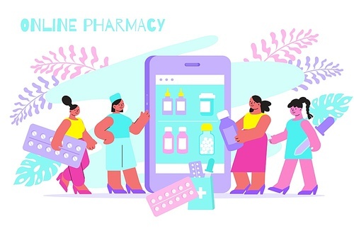 Online pharmacy menu on smartphone screen flat composition with people choosing medication holding pills drops vector illustration
