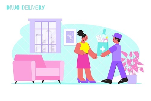 Drug delivery background with courier and consumer in home interior flat vector illustration