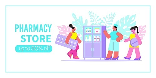 Pharmacy store banner with pharmacist near showcase clients and discount advertising flat vector illustration