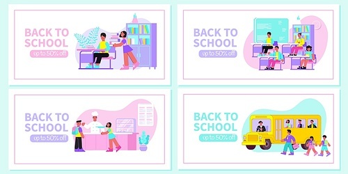 Back to school 4 flat web banners set with library classroom lesson canteen yellow bus vector illustration