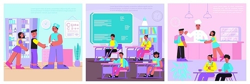 School 3 flat compositions medical care doctor office lunch in canteen classroom lesson situation vector illustration