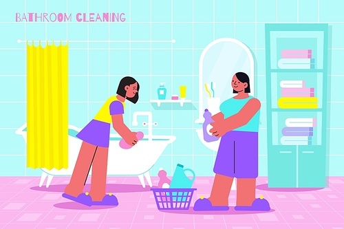 Bathroom cleaning flat composition with 2 women scrubbing bathtub surface with dipped in cleanser sponge vector illustration