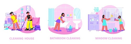 Spring home cleaning 3 flat compositions with family sweeping vacuuming floor scrubbing bathtub washing window vector illustration