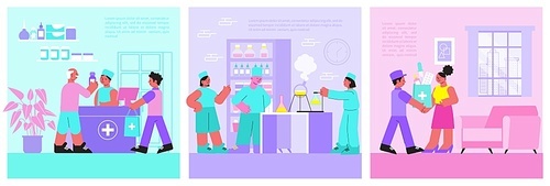 Pharmacy 3 flat posters set with people buying prescription and over counter drugs medicine preparation vector illustration