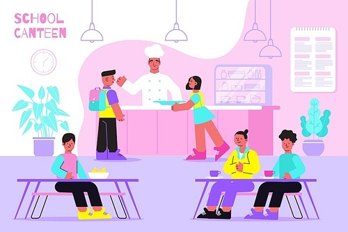 School canteen pupils choosing lunch drinks snacks sandwiches at counter and eating flat interior composition vector illustration