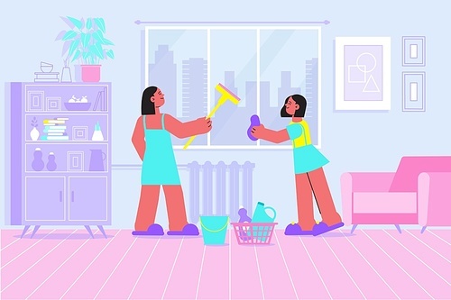 Spring cleaning city apartment women washing  window with squeegee and sponge flat interior view vector illustration