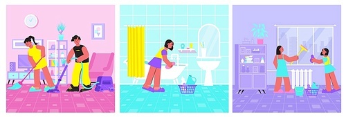Spring cleaning 3 square flat compositions set with scrubbing bathtub washing windows vacuuming sweeping floor vector illustration
