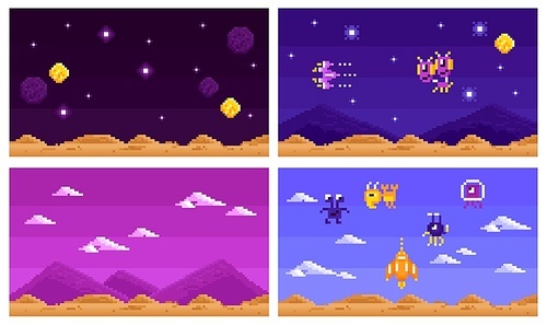Arcade computer game set of four horizontal compositions with 8bit extraterrestrial landscapes for space combat game vector illustration
