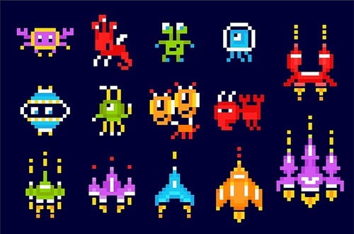 Arcade game pixel art set of isolated icons and images of 8bit style spacecrafts and monsters vector illustration