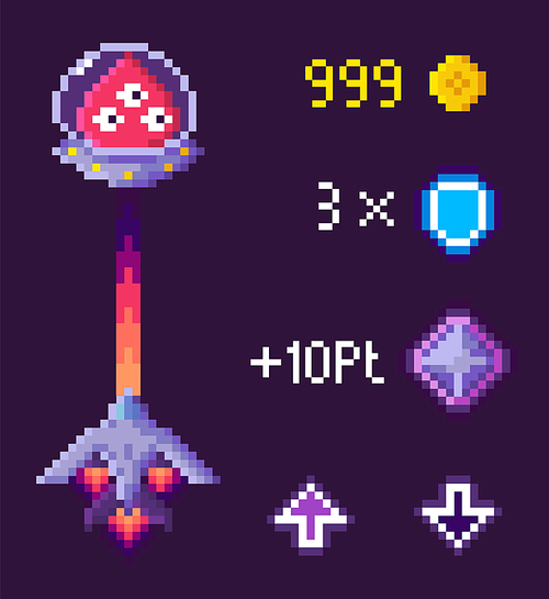 Ufo and spaceship shooting, coins and crystals, arrows symbols, purple video-game in pixelated style, rocket and monster battle, pixel game vector. Slider with game result