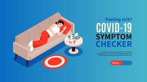 Isometric cold flu coronavirus symptom checker horizontal banner with text more button and sick person character vector illustration