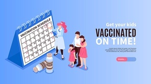 Isometric vaccination horizontal banner with human characters with vaccine schedule calendar editable text and more button vector illustration