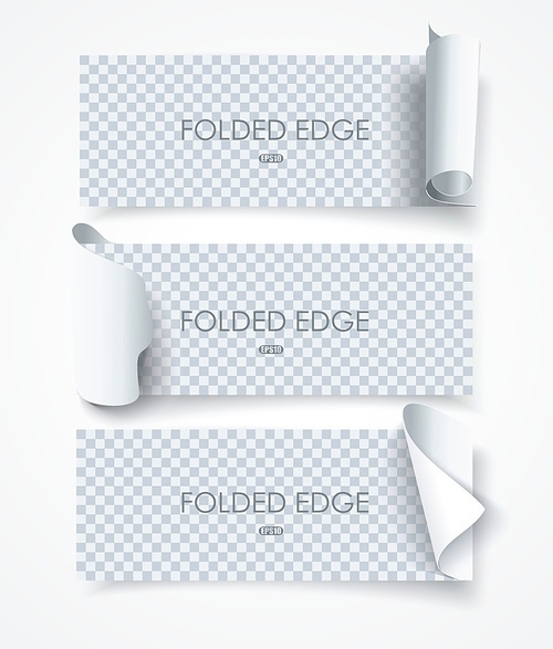 Banner set with curl or folded edges and shadows on transparent background.