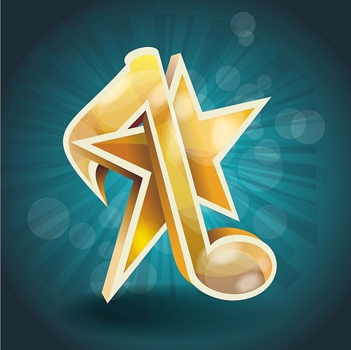 3D shiny golden musical note with star on abstract beams background, vector.