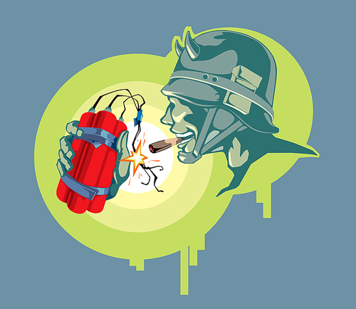 The ominous soldier in a old german helmet with the pack of TNT. Editable vector EPS.