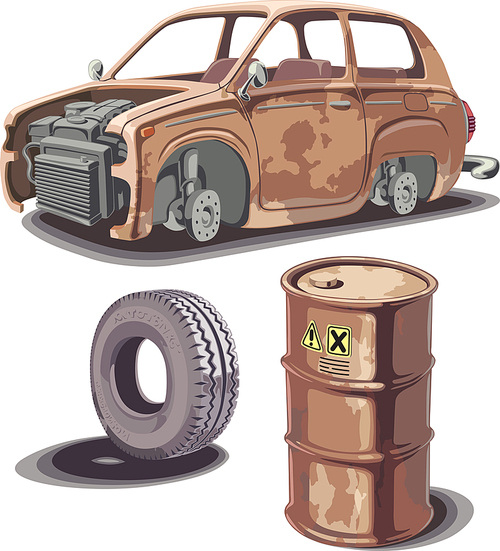 Old broken rusty car, rusty oil barrel and used obsolete tire with a dirty stains...Editable vector EPS v9.0