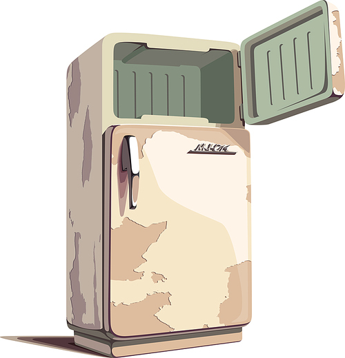 The old rusty retro fridge with an opened door. The LOGO on a front door is only my fantasy and stylization.Editable vector EPS v9.0