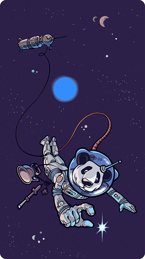 Panda the astronaut is happy to find the small shining star in outer space.Editable vector EPS v9.0 file. Enjoy!