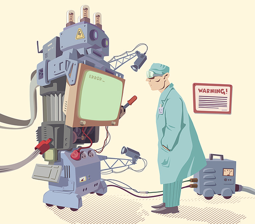 The scientist is looking on the error message of the giant robot's operating system.Editable vector EPS v9.0