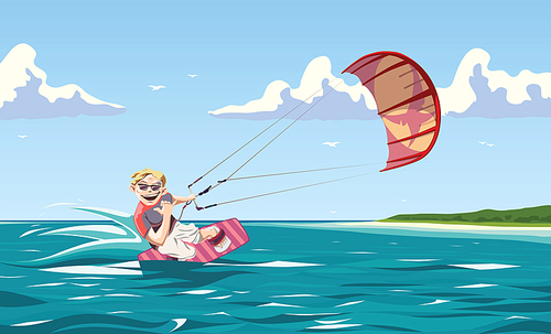 One of the greatest things in the world - kitesurfing. The glad kitesurfer is sliding the waves,  with a smile.This is the editable vector EPS file v9.0