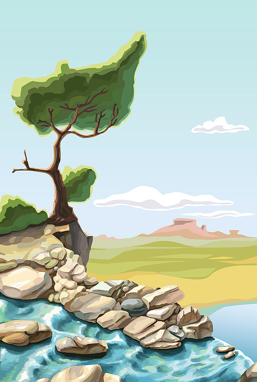 The waterfall and the lonely green tree on the brink of a precipice.Editable vector EPS file v9.0